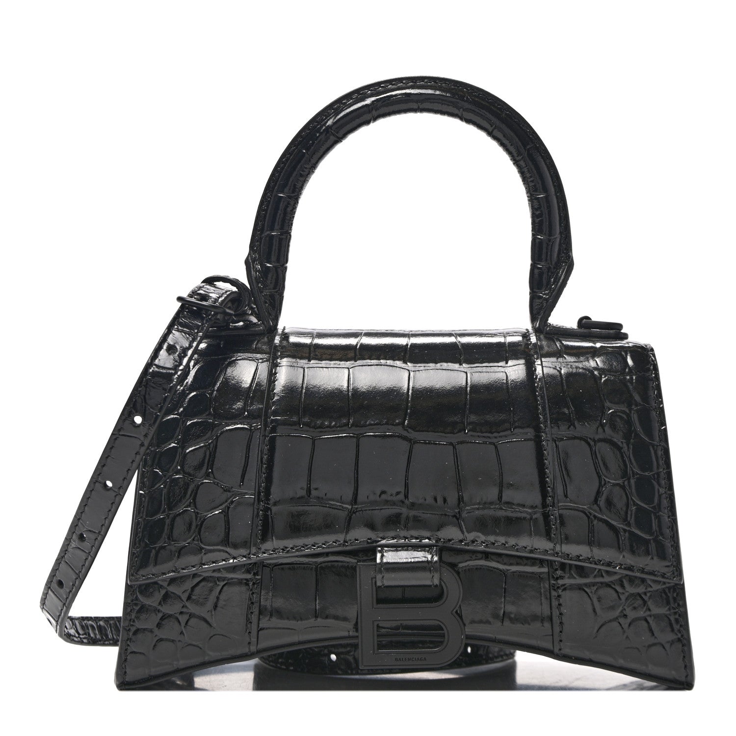 Balenciaga Shiny Calfskin Monochrome Crocodile Embossed Hourglass Top Handle Bag XS Black 1 of 12