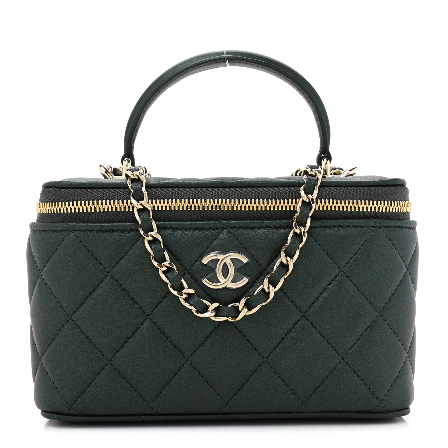 Iridescent Lambskin Quilted Small Top Handle Vanity Case With Chain Green