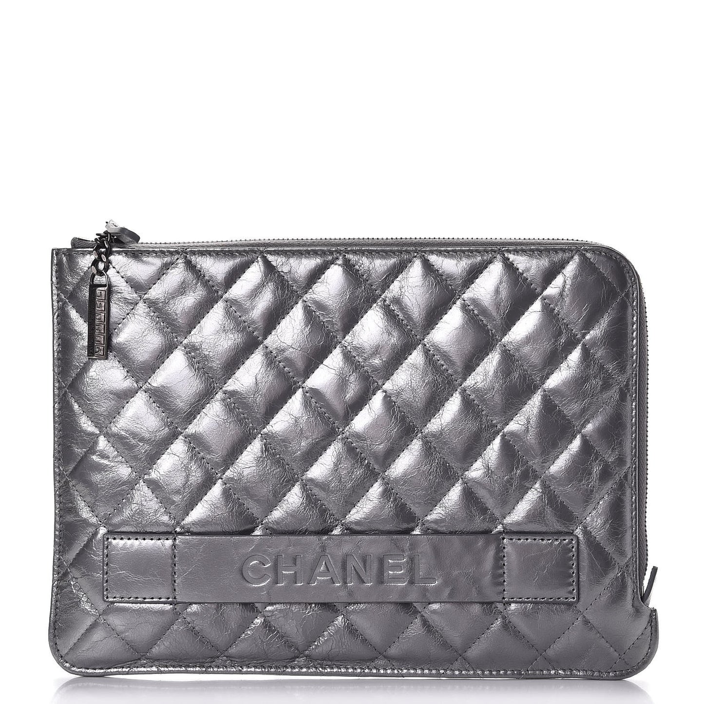 Metallic Aged Calfskin Quilted Medium Document Portfolio Holder Silver