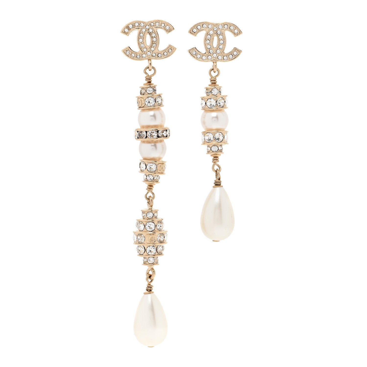 Chanel Crystal Pearl CC Uneven Drop Earrings Gold 1 of 6