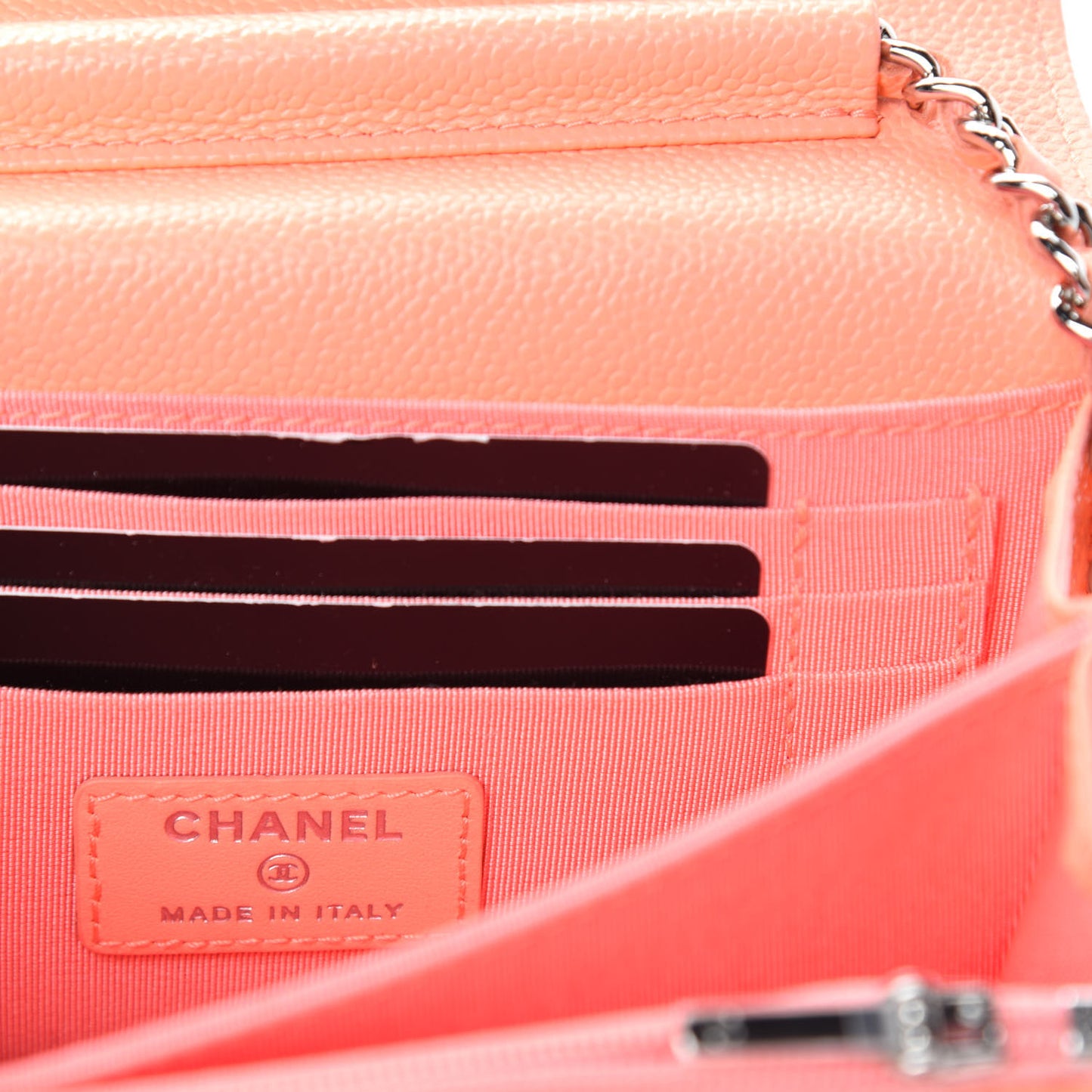 Caviar Quilted Mini Wallet On Chain WOC Coral
