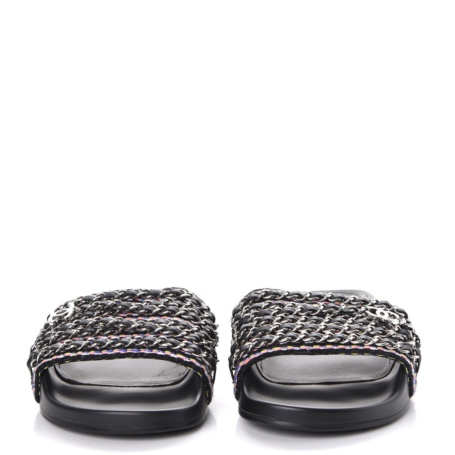Chanel Tweed Lambskin Chain Flat Sandals 38 Black Multicolor 2 of 8