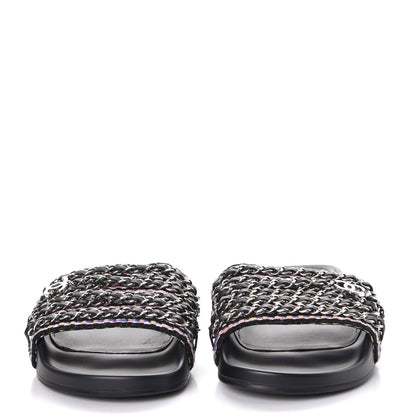 Chanel Tweed Lambskin Chain Flat Sandals 38 Black Multicolor 2 of 8