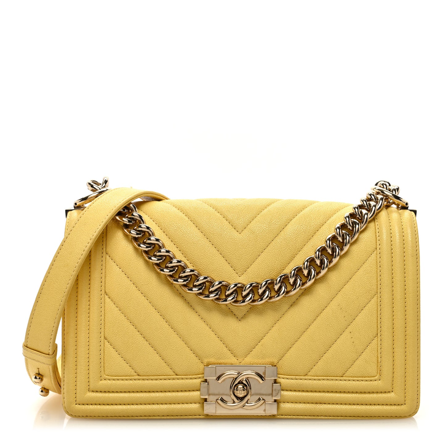 Caviar Chevron Quilted Medium Boy Flap Yellow