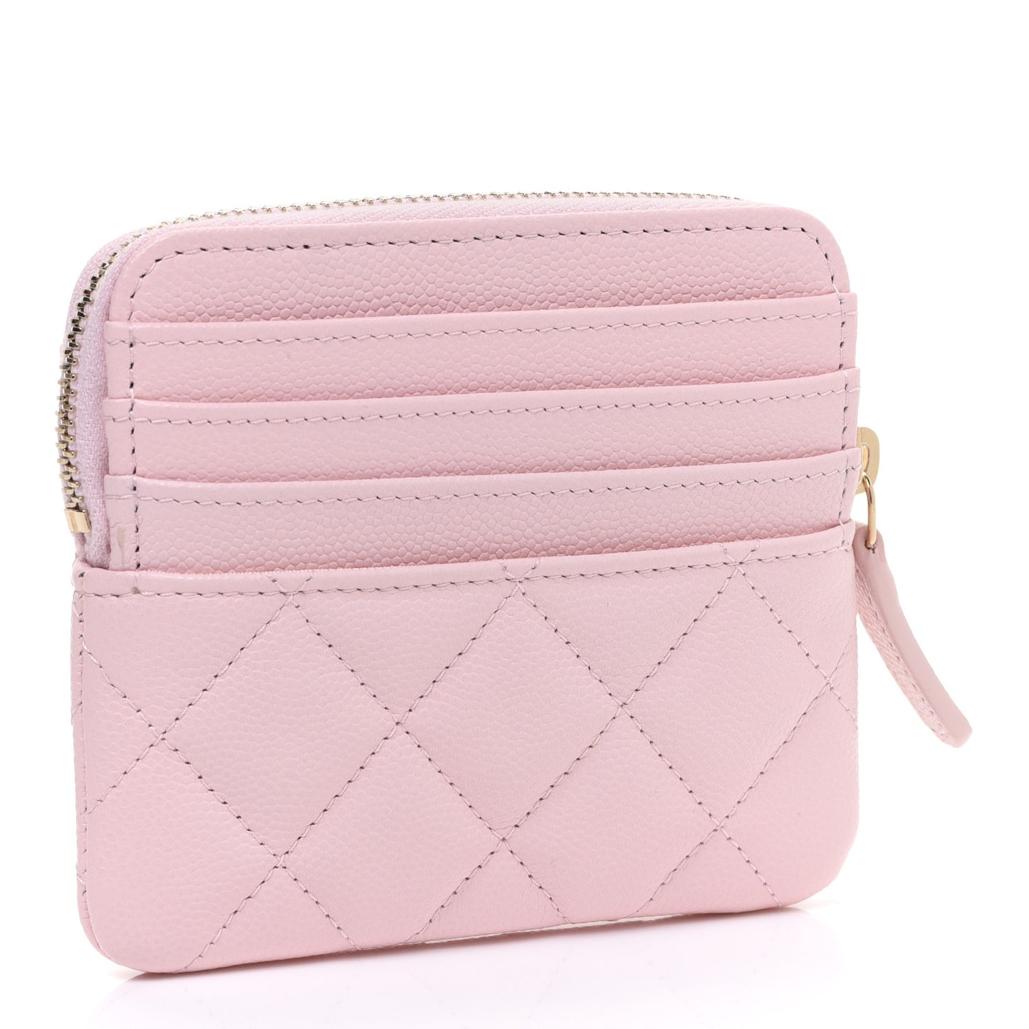 Caviar Quilted Crystal Zip Card Holder Wallet Light Pink