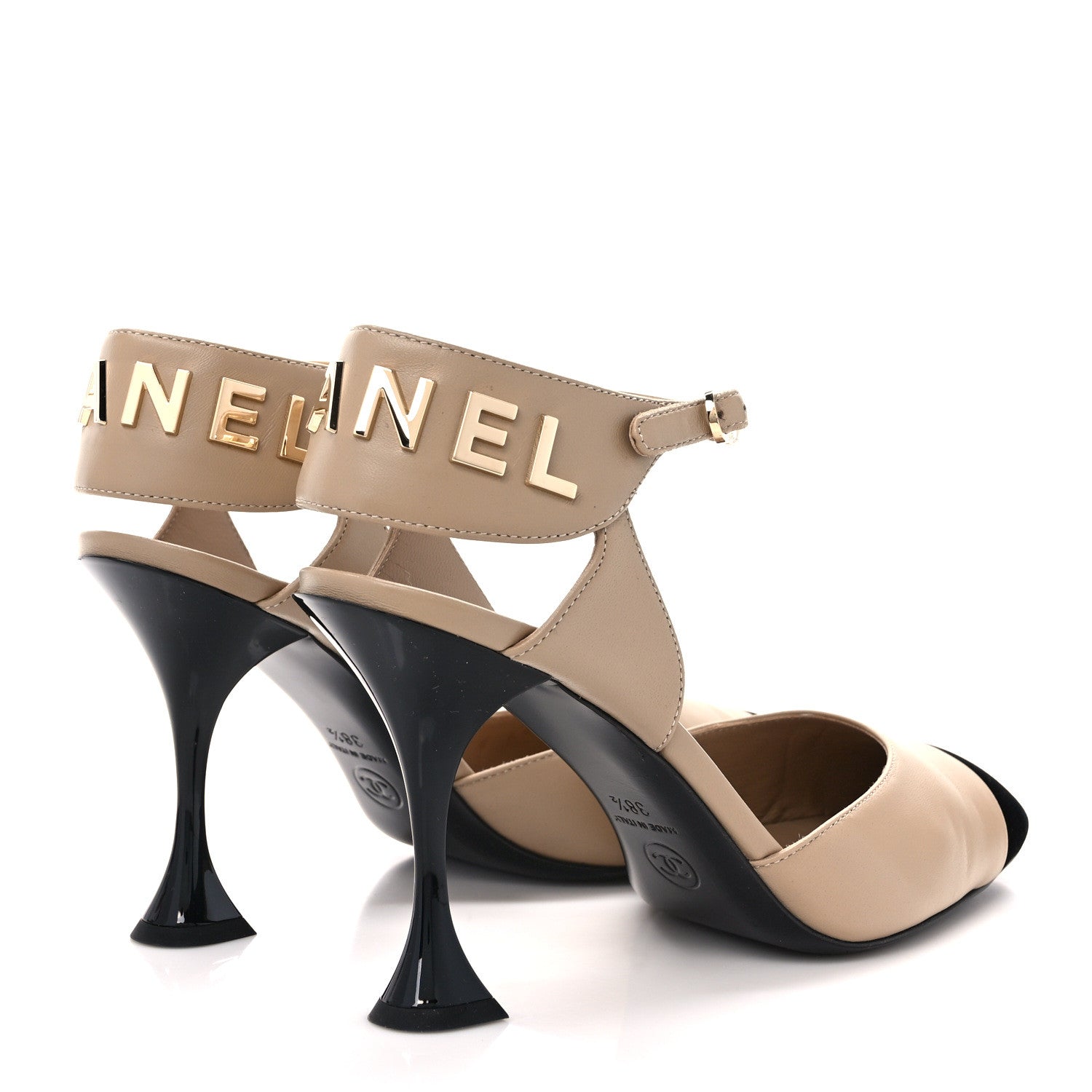 Chanel Lambskin Velvet Cap Toe Logo Pumps 38.5 Beige Black 5 of 9