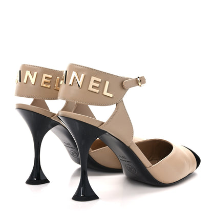 Chanel Lambskin Velvet Cap Toe Logo Pumps 38.5 Beige Black 5 of 9