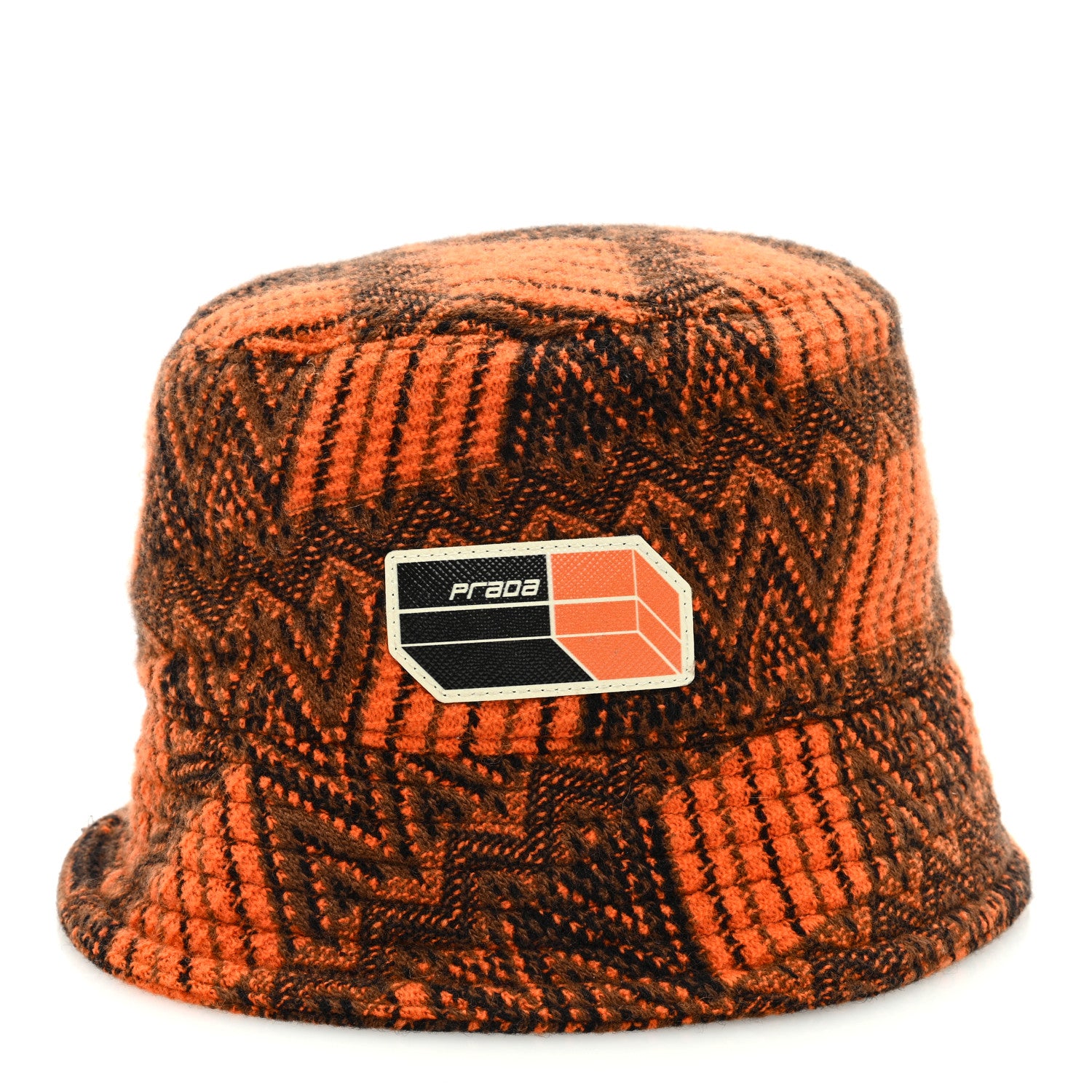Prada Wool Cashmere Geometric Logo Womens Bucket Hat S Orange Black 6 of 9