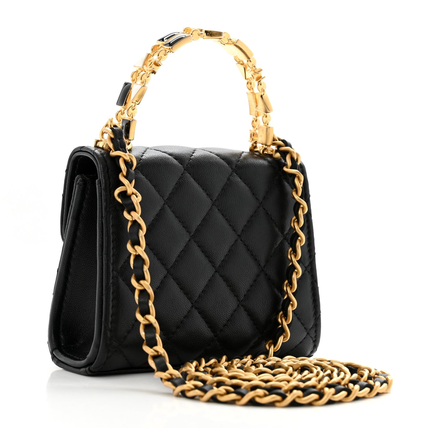 Lambskin Enamel Quilted Mini Top Handle Flap Black