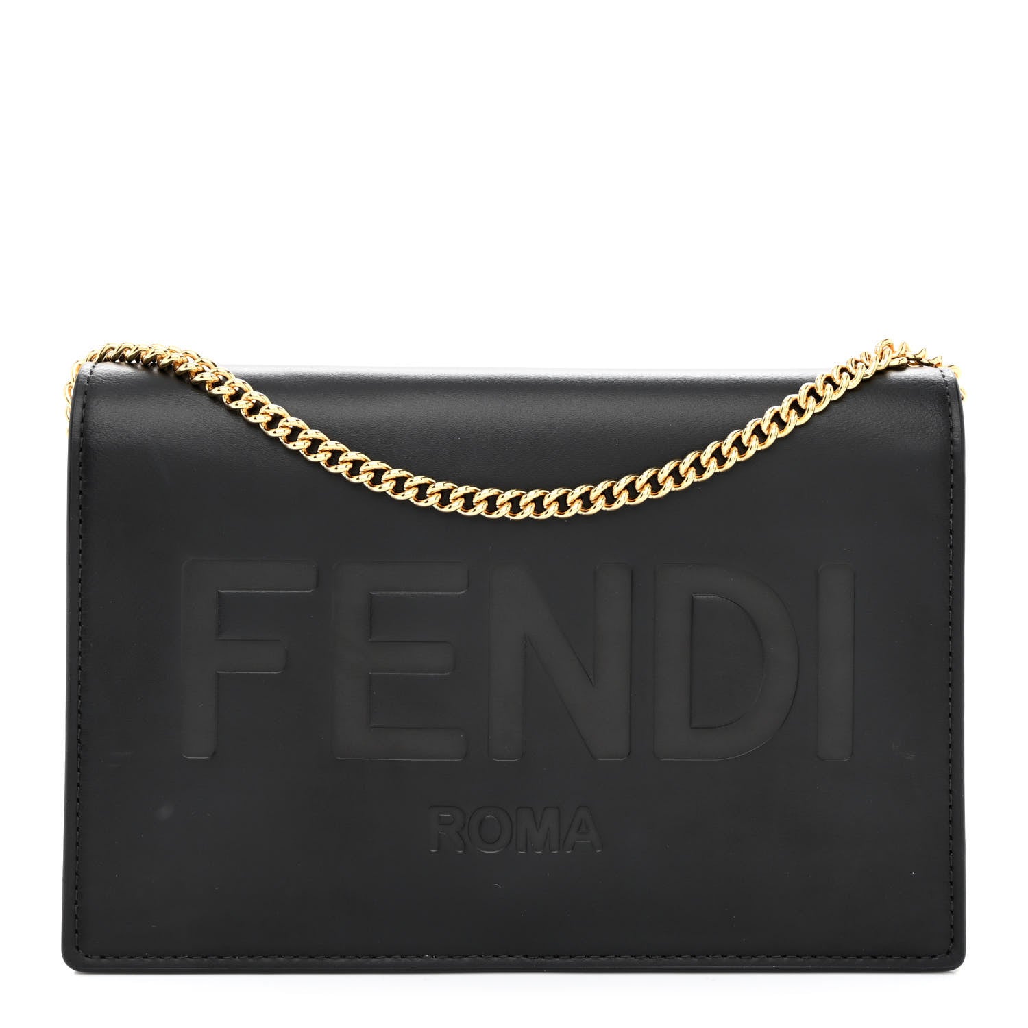 Fendi Vitello King Tamponato Logo Embossed Medium Wallet On Chain Black 1 of 10