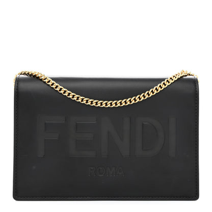 Fendi Vitello King Tamponato Logo Embossed Medium Wallet On Chain Black 1 of 10