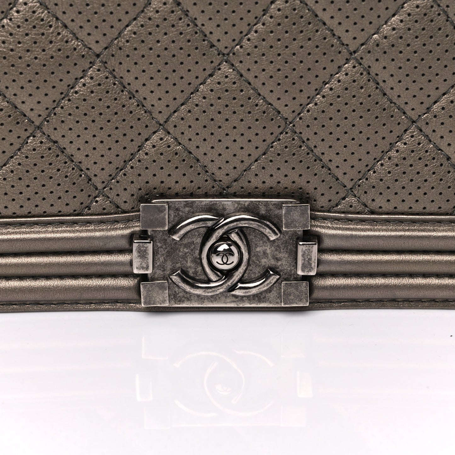 Metallic Lambskin Perforated New Medium Boy Flap Dark Silver