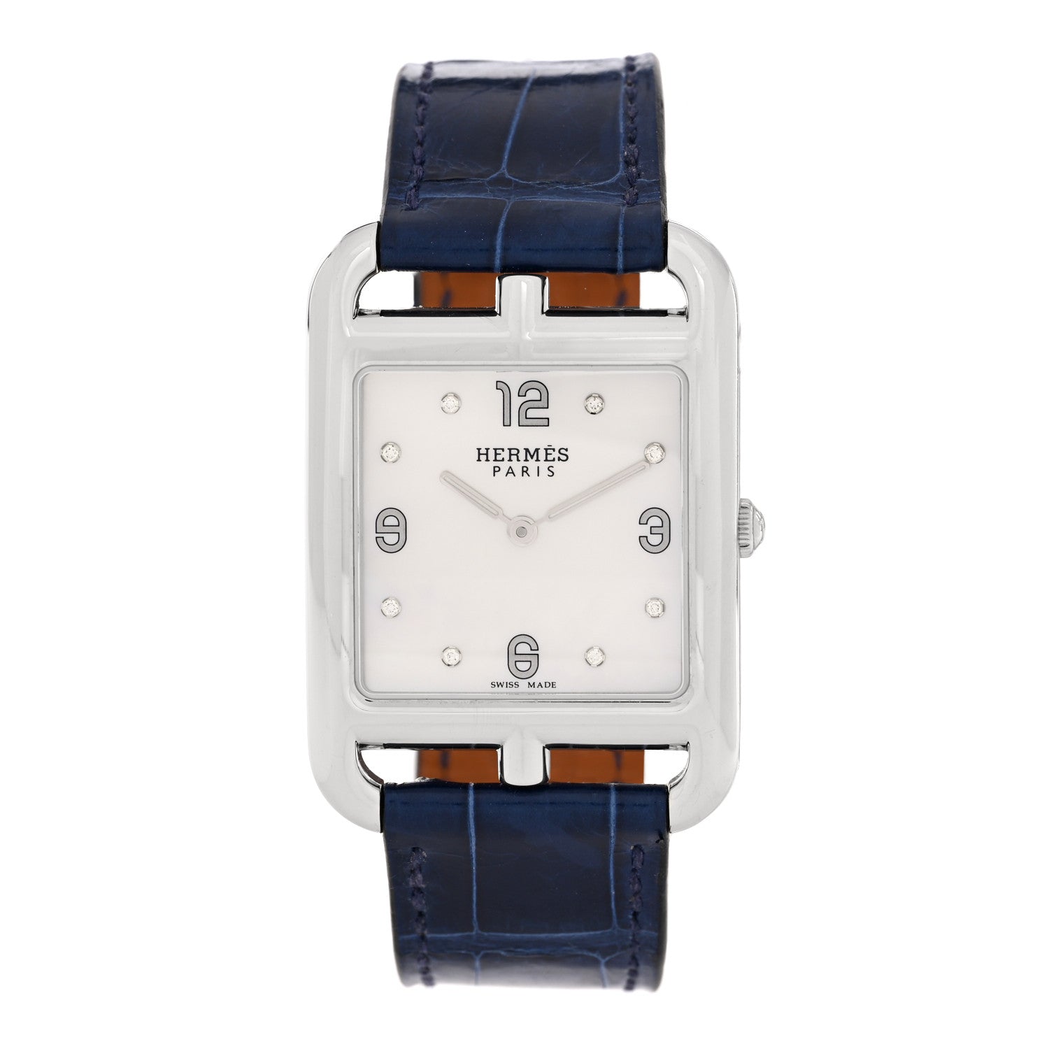 Hermes Stainless Steel Alligator Diamond Mother of Pearl 29mm Cape Cod Quartz Watch Bleu Saphir 1 of 7