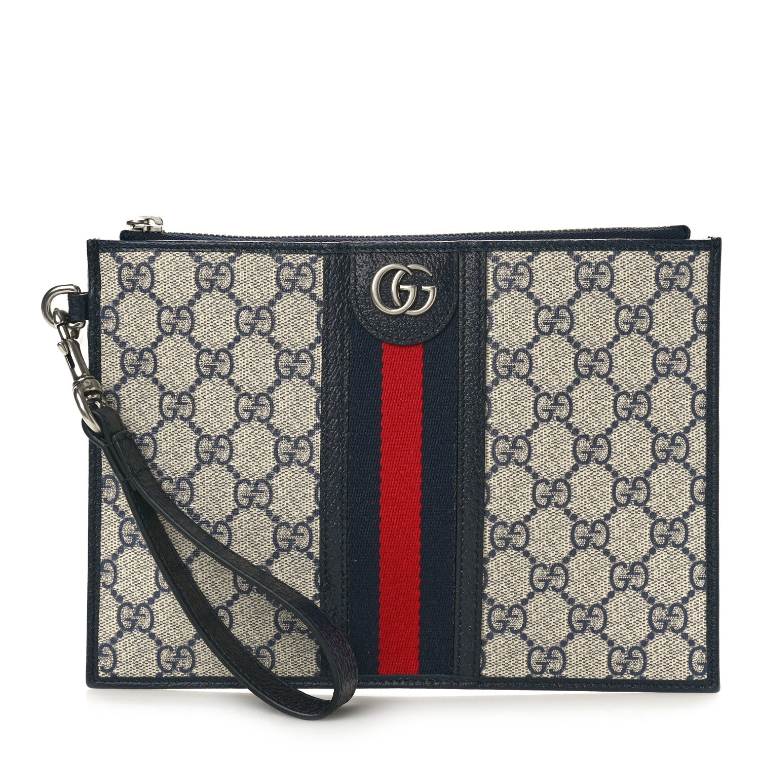 Gucci GG Supreme Monogram Textured Dollar Calfskin Web Ophidia Wristlet Pouch Beige Blue 1 of 8