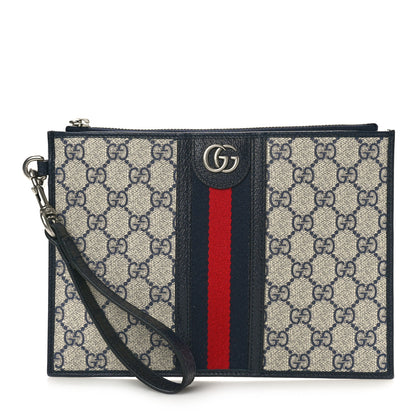 Gucci GG Supreme Monogram Textured Dollar Calfskin Web Ophidia Wristlet Pouch Beige Blue 1 of 8
