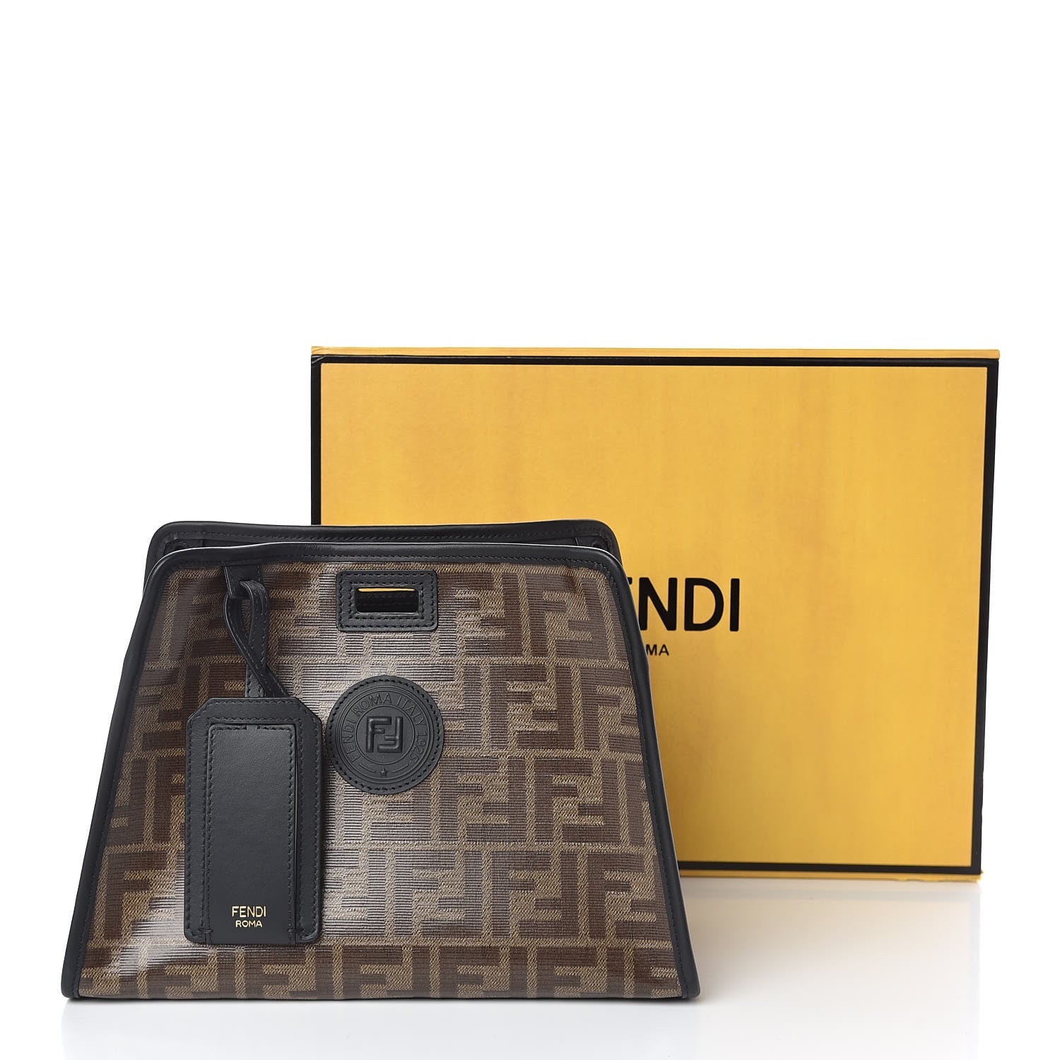 Fendi Glazed Fabric Vitello Century FF 1974 Stamp Patch Mini Peekaboo Defender Cover Mogano Panna Black 12 of 12