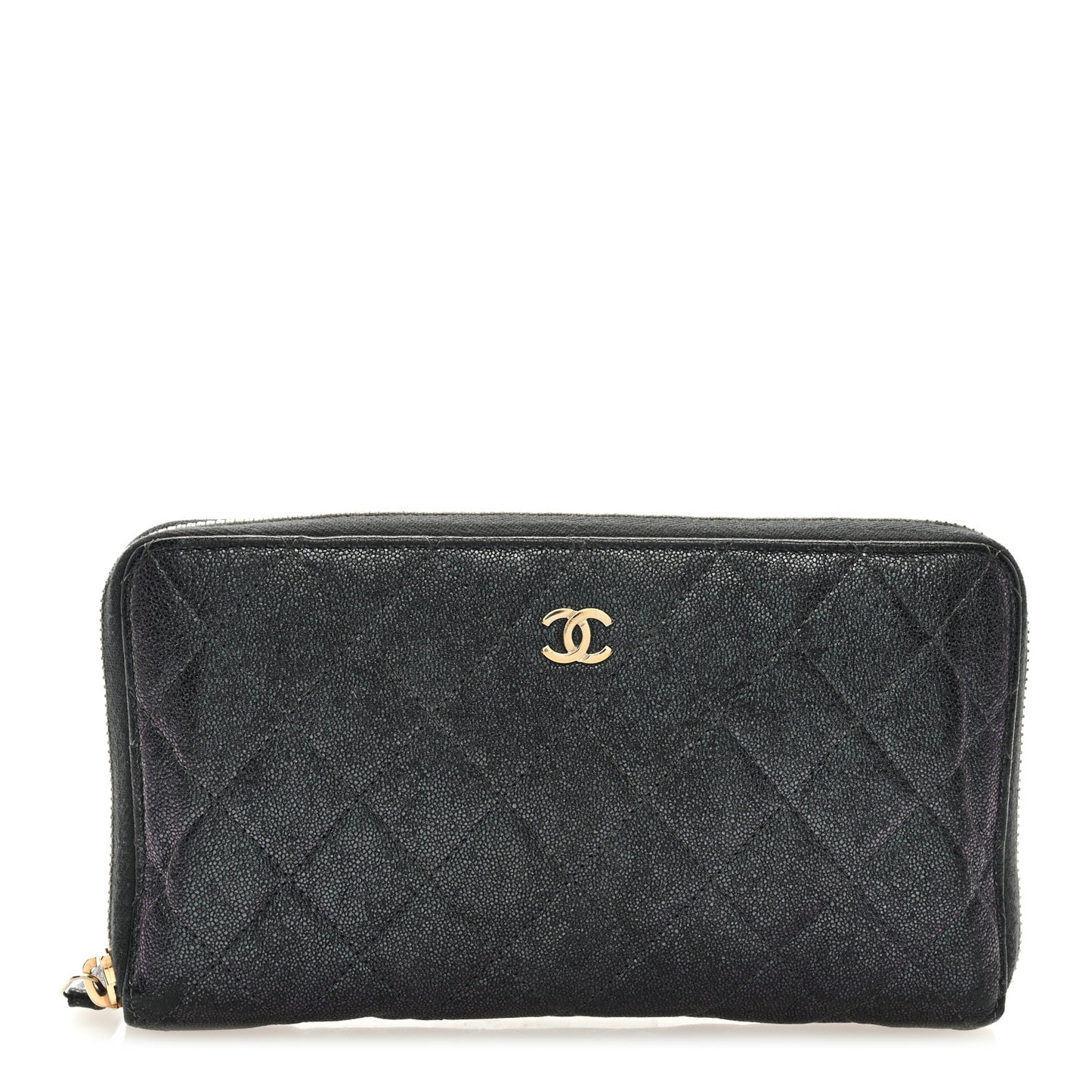 Iridescent Caviar Quilted Large Zip Around Organizer Wallet Black
