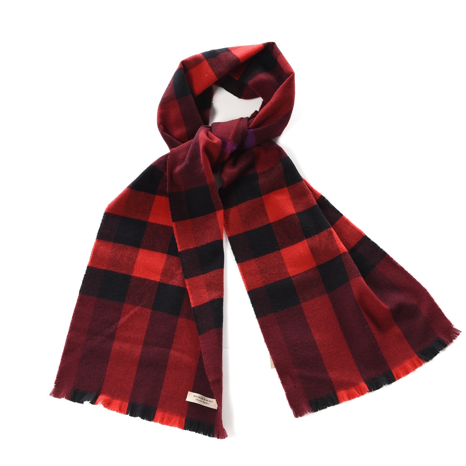 Burberry Wool Cashmere Giant Exploded Check Fringe Scarf Claret 1 of 5