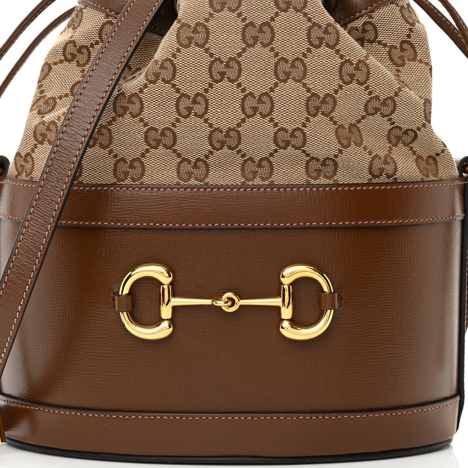 Gucci Monogram Textured Calfskin Horsebit 1955 Drawstring Bucket Bag Beige Brown Sugar 8 of 12