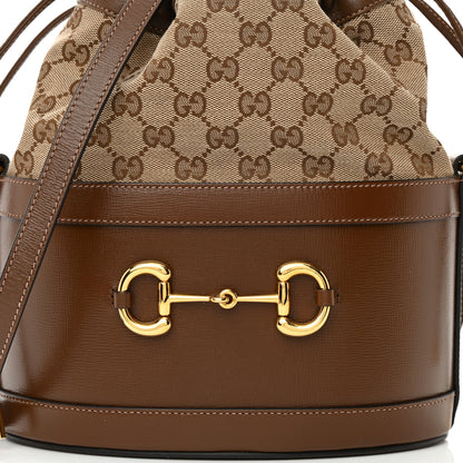 Gucci Monogram Textured Calfskin Horsebit 1955 Drawstring Bucket Bag Beige Brown Sugar 8 of 12