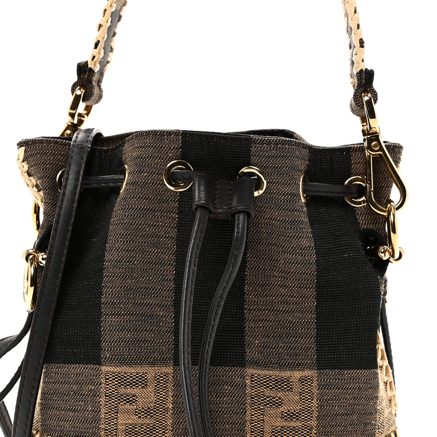 Fabric Jacquard Raffia Straw Pequin Gingham Woven Mini Mon Tresor Bucket Bag Beige Black Natural