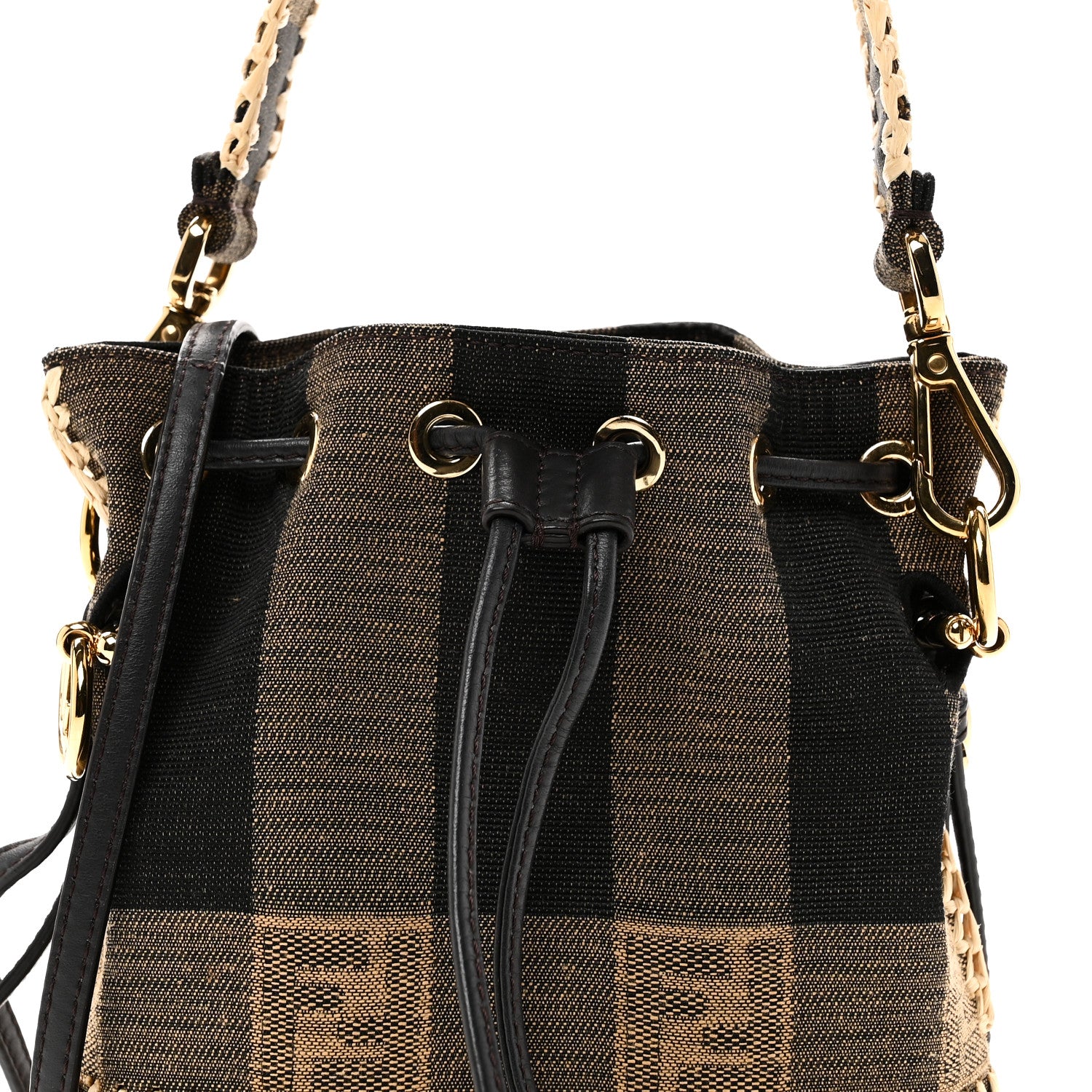 Fendi Fabric Jacquard Raffia Straw Pequin Gingham Woven Mini Mon Tresor Bucket Bag Beige Black Natural 9 of 11