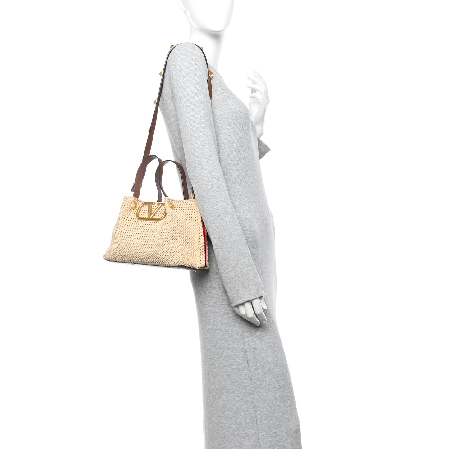 Raffia Grained Calfskin Small Rockstud Vlogo Tote Naturale