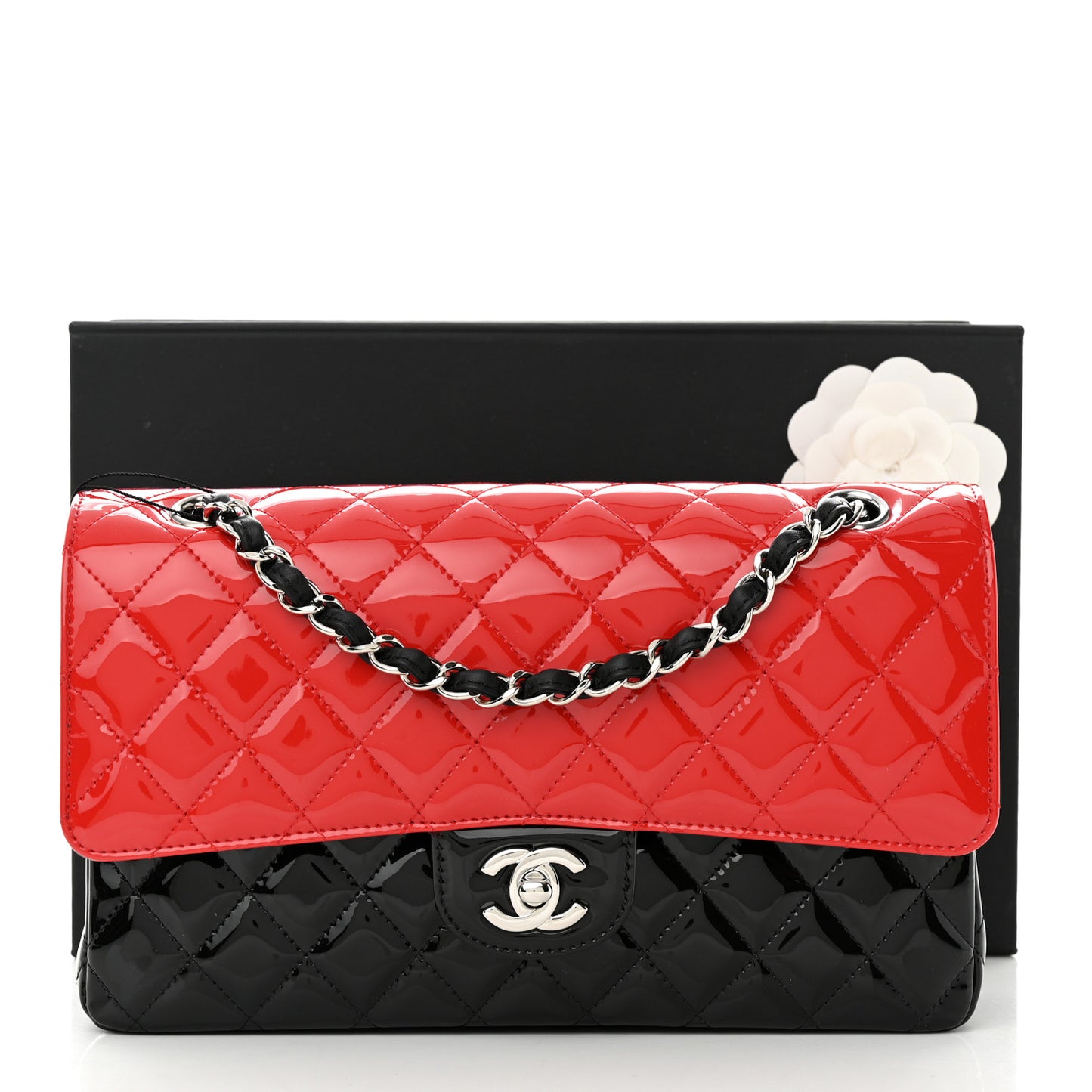 Patent Calfskin Quilted Bi-Color Medium Double Flap Black Red