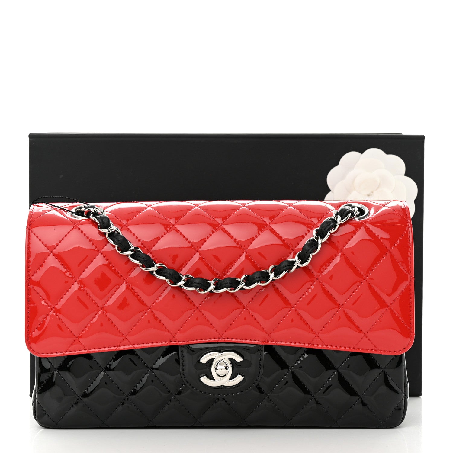 Chanel Patent Calfskin Quilted Bi-Color Medium Double Flap Black Red 11 of 11
