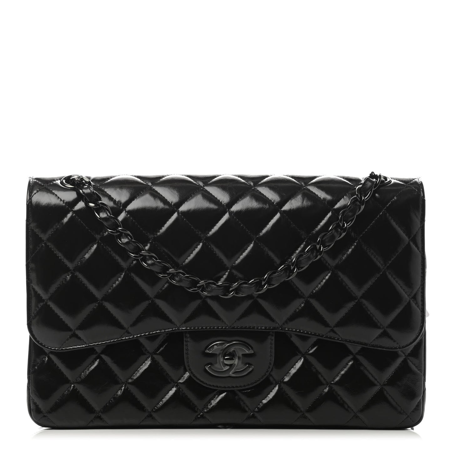 Shiny Distressed Calfskin Quilted Jumbo Double Flap So Black