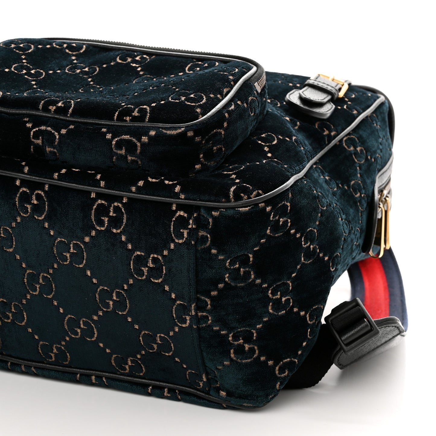 Velvet GG Monogram Textured Calfskin Web Small Double Buckle Backpack Blue Beige Black