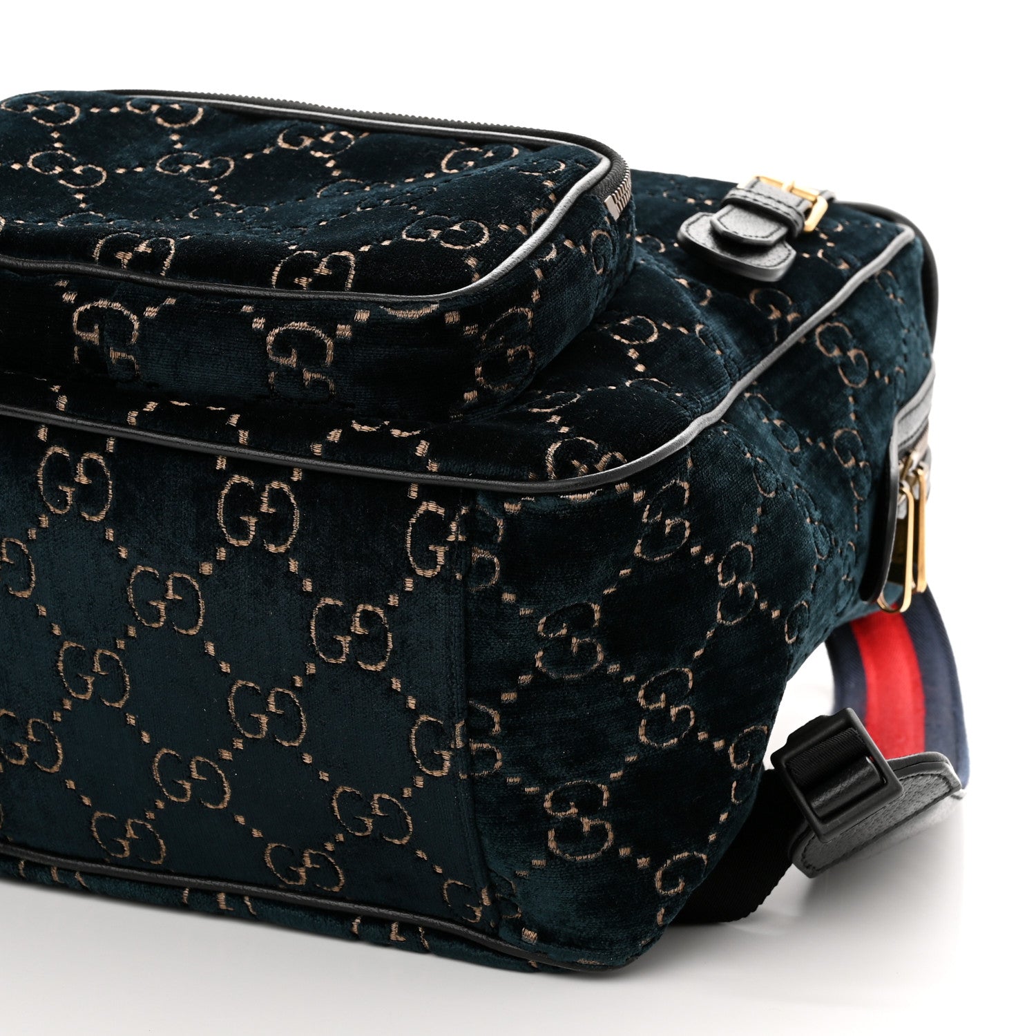 Gucci Velvet GG Monogram Textured Calfskin Web Small Double Buckle Backpack Blue Beige Black 10 of 10