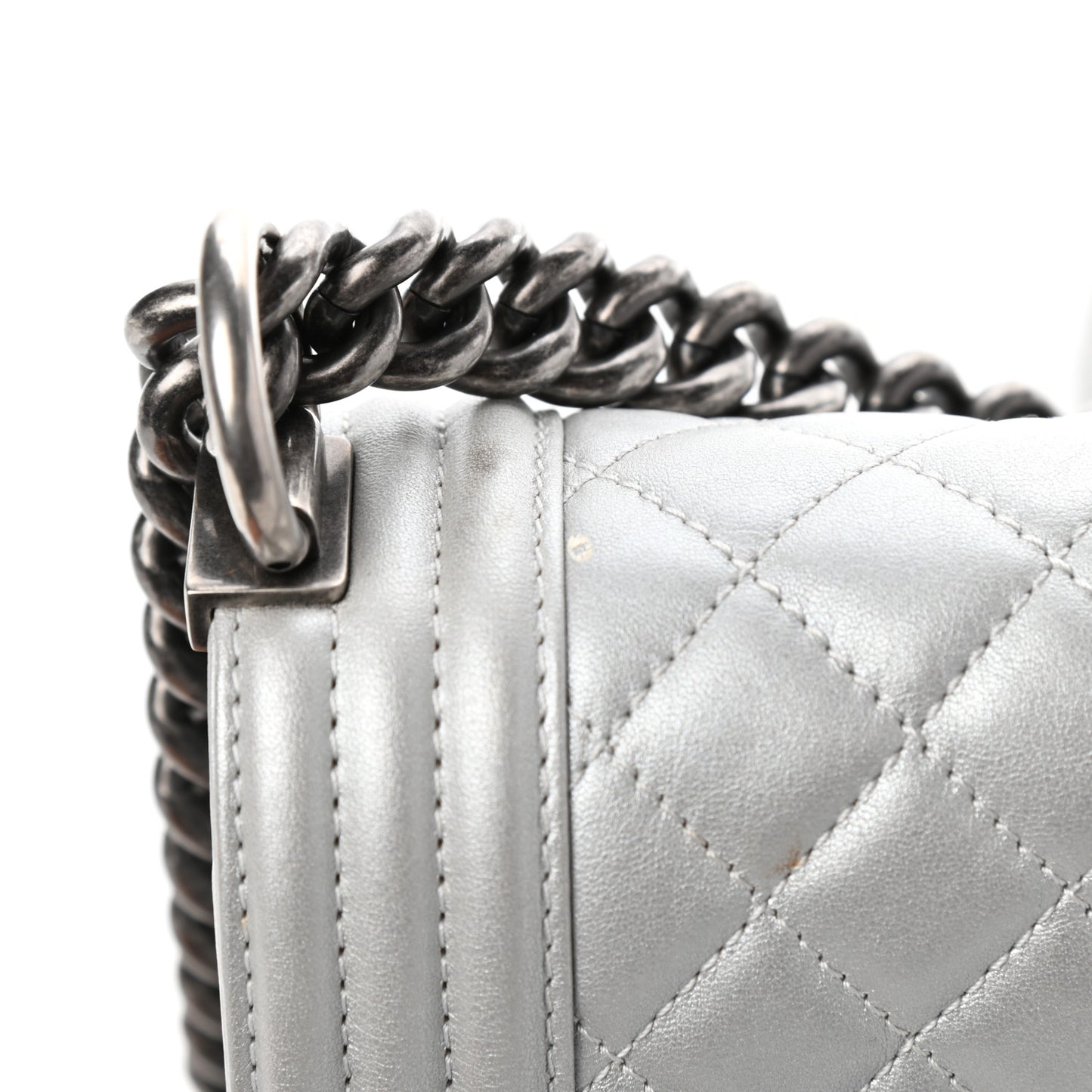 Metallic Calfskin Quilted Medium Boy Flap Silver