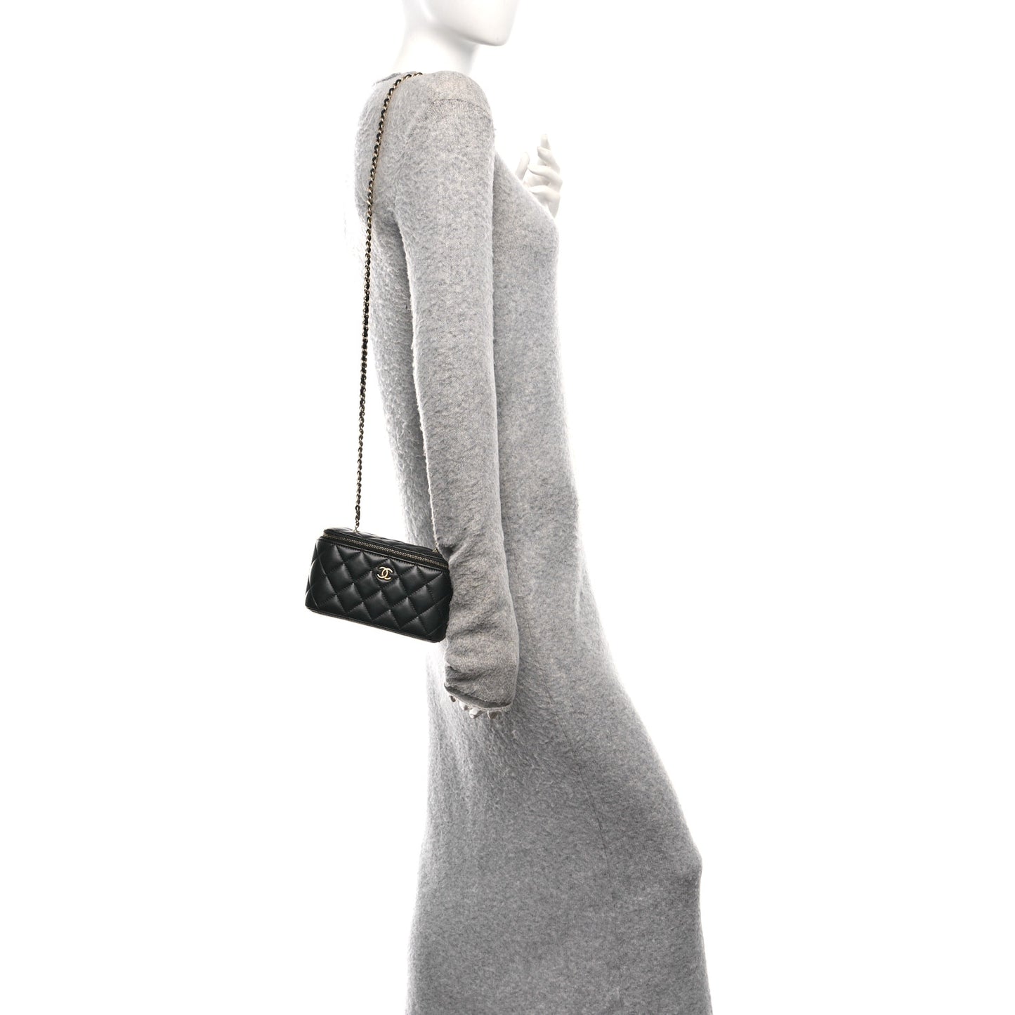 Lambskin Quilted Small Pearl Crush Vanity Case With Chain Black