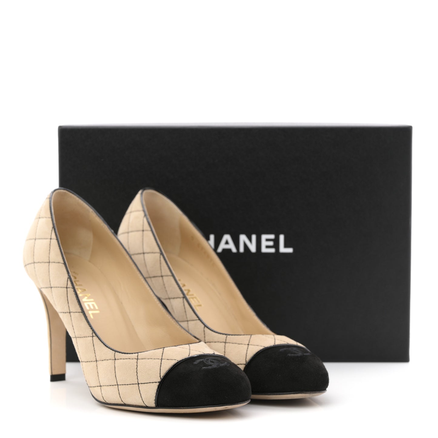 Suede Quilted Cap Toe Pumps 40 Beige Black