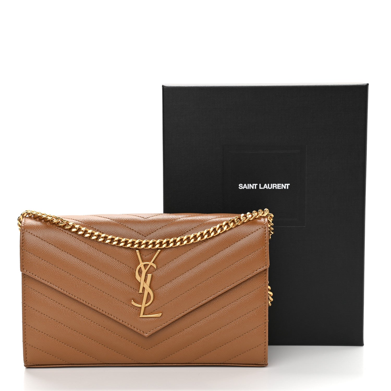 Saint Laurent Grain De Poudre Matelasse Chevron Monogram Chain Wallet Dune 10 of 10