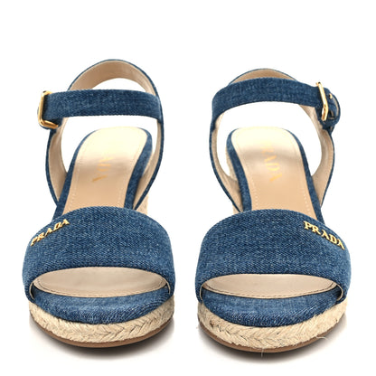 Prada Denim Logo Espadrille 70mm Wedge Sandals 36 Bleu 2 of 8
