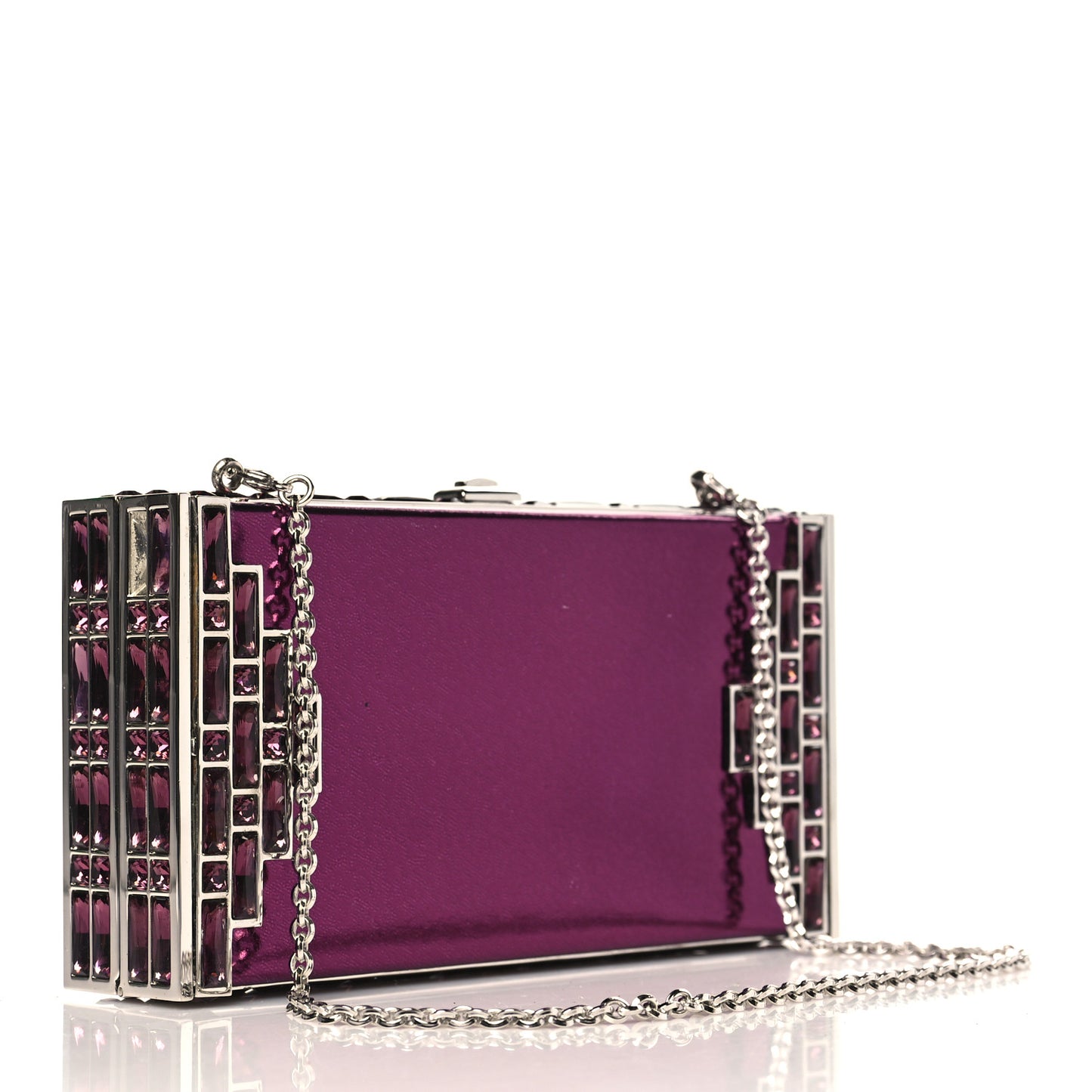 Metallic Calfskin Box Clutch With Chain Purple Silver