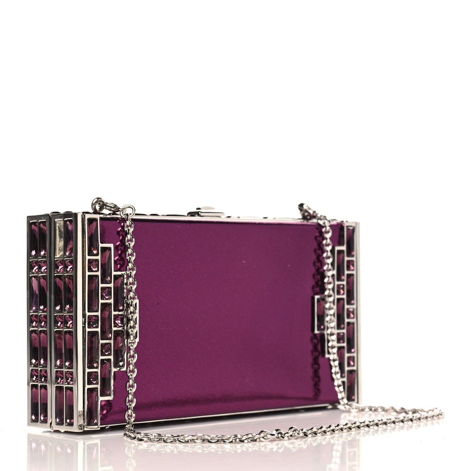Judith Leiber Metallic Calfskin Box Clutch With Chain Purple Silver 2 of 11