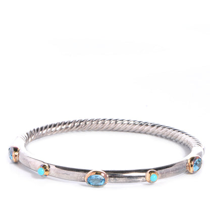 David Yurman Sterling Silver 18K Yellow Gold Blue Topaz Turquoise Renaissance Bangle Bracelet 1 of 6