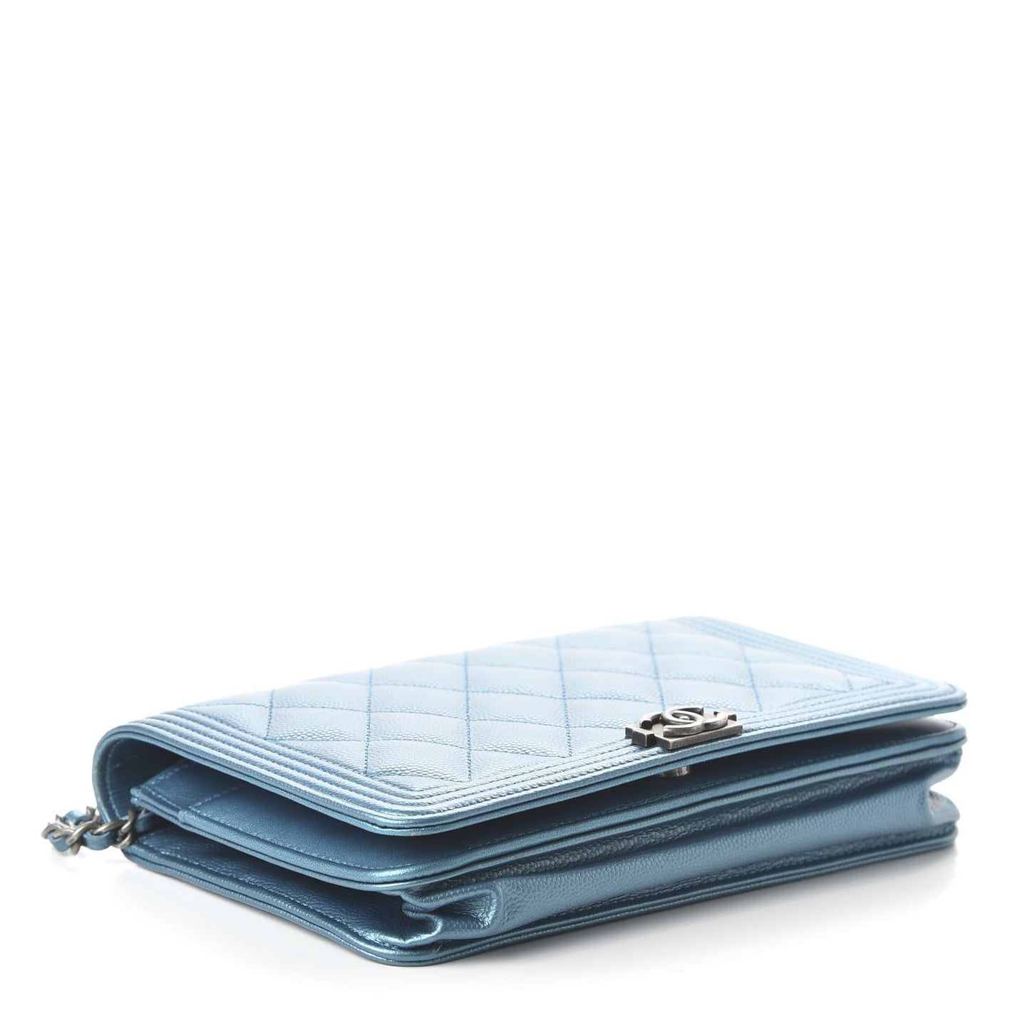 Metallic Caviar Quilted Boy Wallet On Chain WOC Turquoise