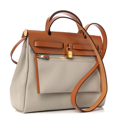 Hermes Military Toile Vache Hunter Herbag Zip Retourne 31 PM Beton Naturel 4 of 11