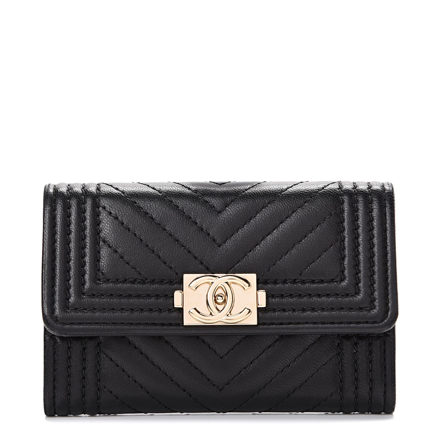 Lambskin Chevron Quilted Boy Card Holder Wallet Black