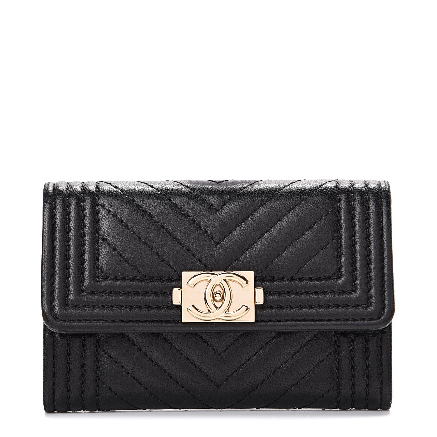 Chanel Lambskin Chevron Quilted Boy Card Holder Wallet Black 1 of 13