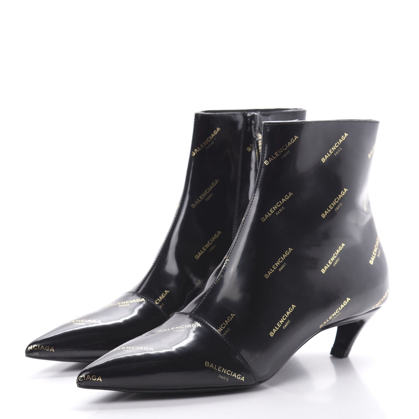 Patent Allover Logo Pointy Toe Ankle Booties 36 Black
