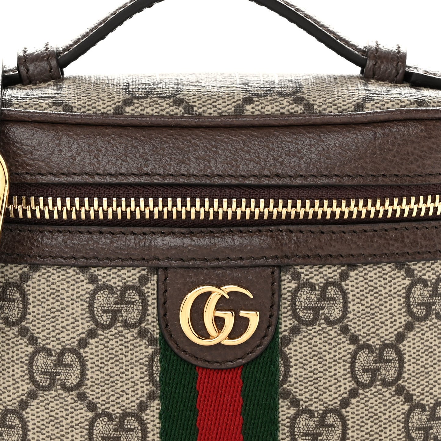 GG Supreme Monogram Textured Calfskin Web Mini Ophidia Top Handle Bag Beige Ebony New Acero