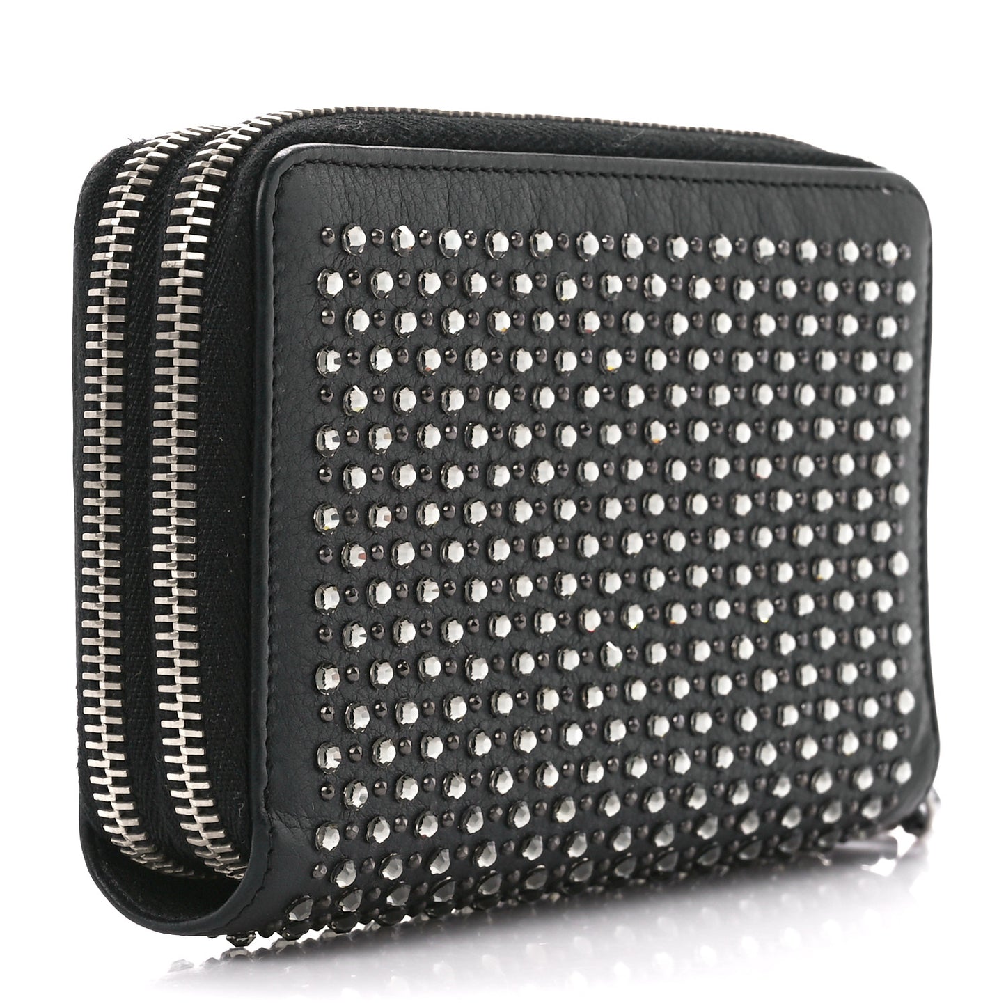 Lambskin Quilted Crystal Medium Gusset Double Zip Around Wallet Black
