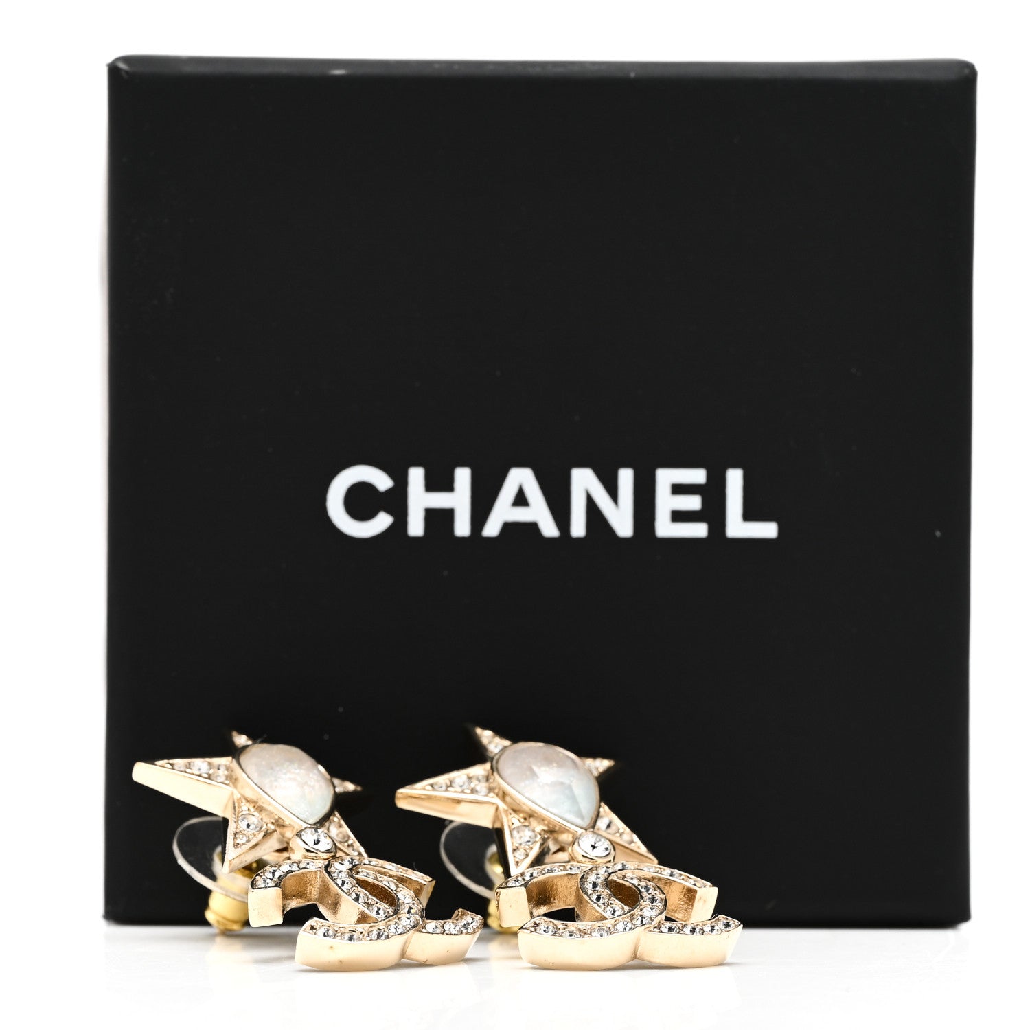 Chanel Crystal CC Star Drop Earrings Gold Blue Pink 3 of 5
