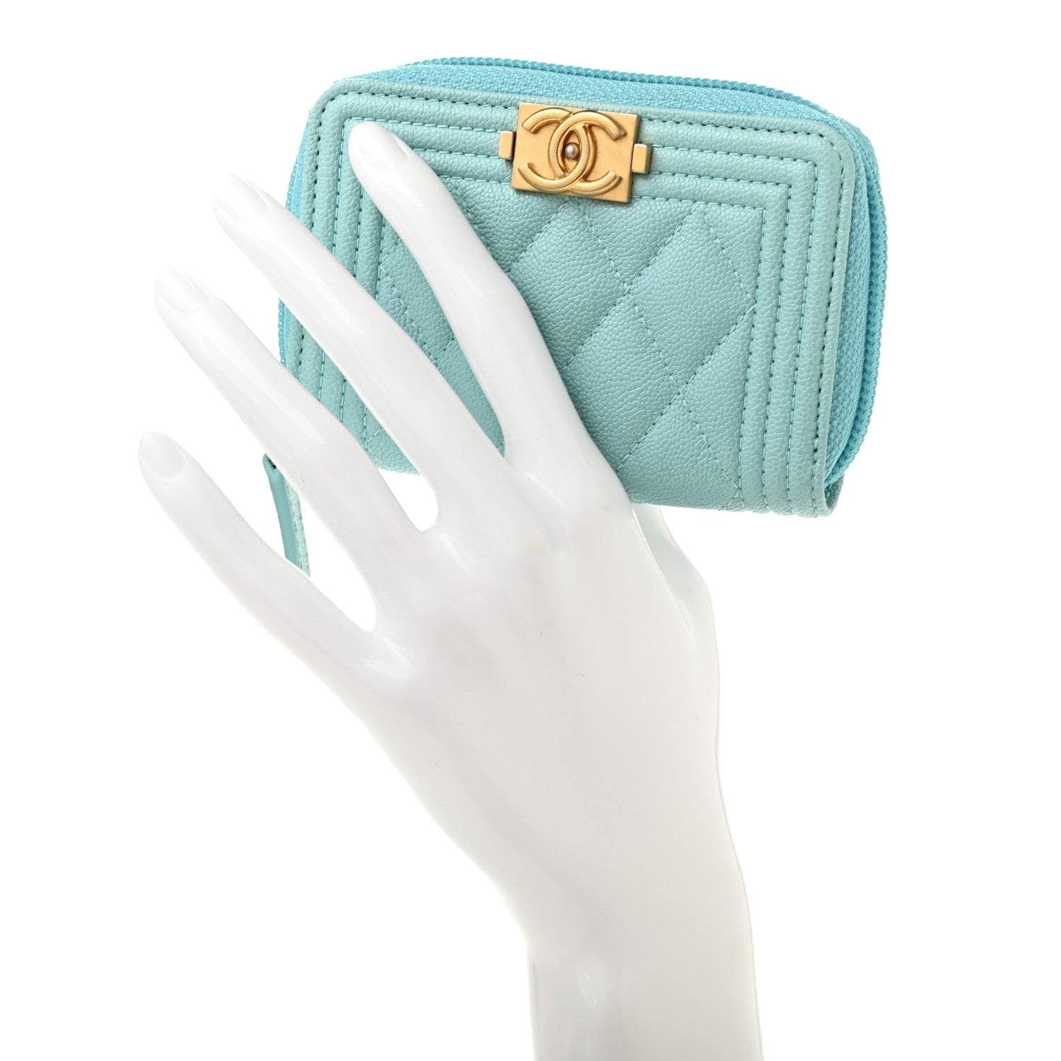 Chanel Caviar Quilted Boy Zip Around Coin Purse Wallet Light Blue 2 of 9