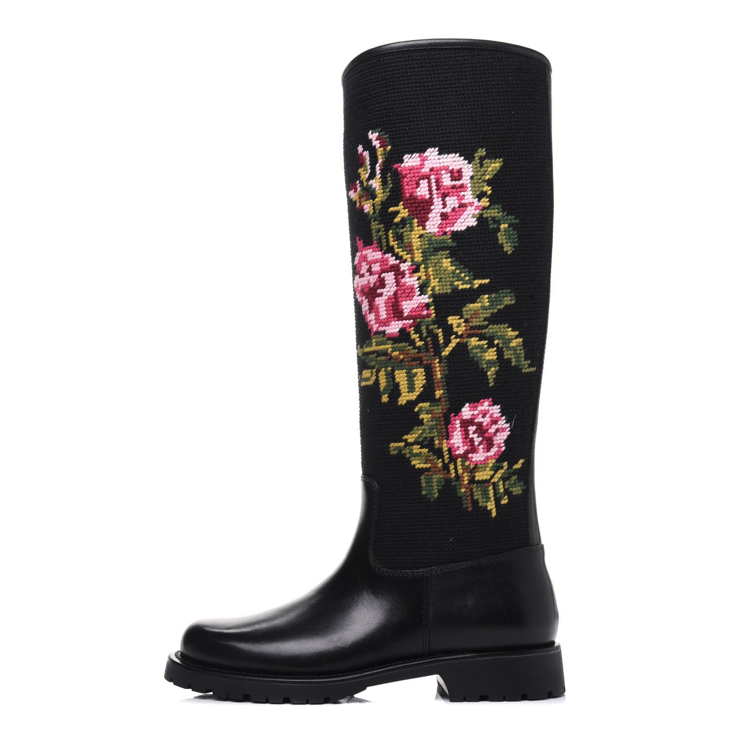 Calfskin Woven Wool Embroidered Knee High Boots 37 Black